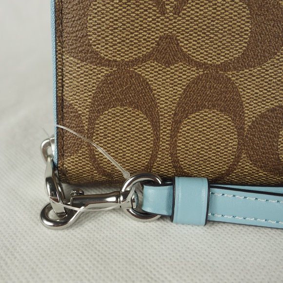 Coach Wallet Long Zip Around Signature Canvas Leather Khaki Waterfall Blue C4452 - Picture 3 of 10